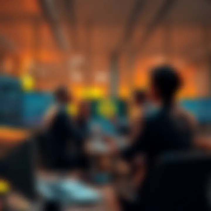 A group of business people discussing Bitcoin strategies in a modern office with charts and graphs on screens.