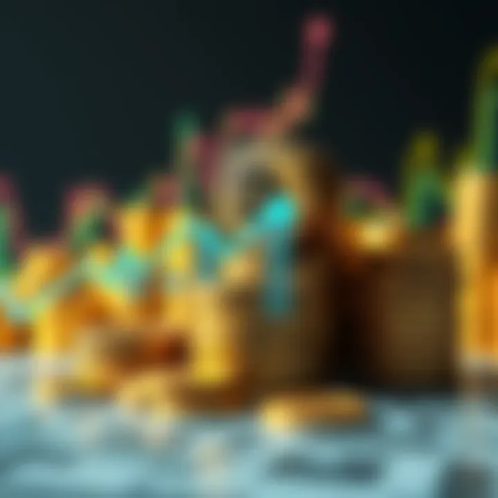 A large stack of Bitcoin coins with a financial graph showing a rise, symbolizing a major investment in cryptocurrency.