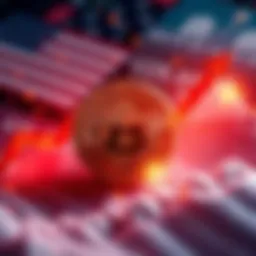 A visual representation of Bitcoin price fluctuations with arrows indicating a downturn and uncertainty, set against a backdrop of U.S. financial symbols.