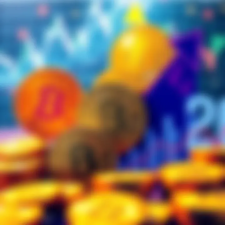 Illustration showing Bitcoin coins with upward graphs and technology elements, symbolizing market growth and predictions for 2026.