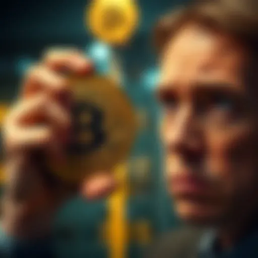 A person looking puzzled while examining a Bitcoin symbol, representing distrust in cryptocurrency.