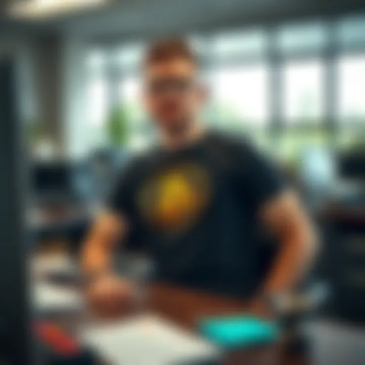 A worker sits at a desk wearing a Bitcoin-themed T-shirt, surrounded by office supplies and a computer, showcasing cryptocurrency fashion in a professional setting.