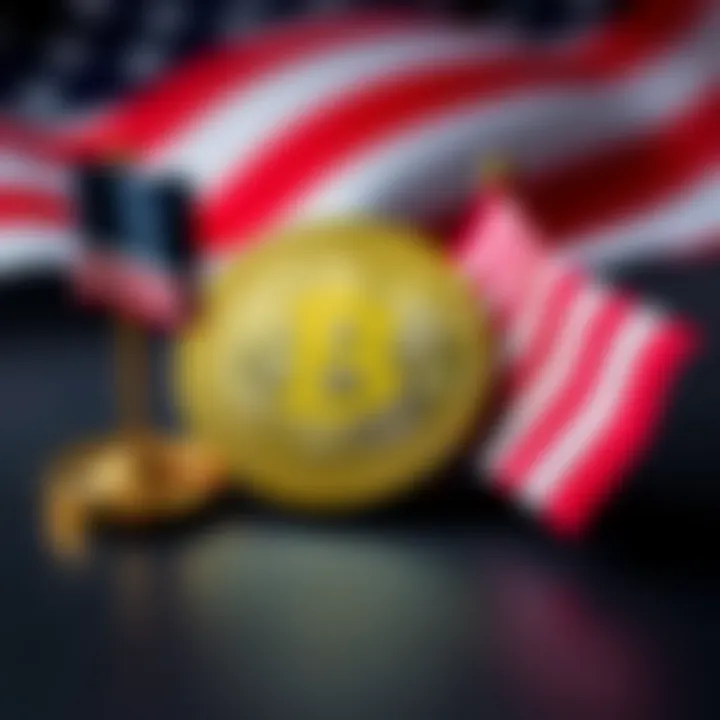 Bitcoin coin placed next to a small U.S. flag, symbolizing its role in trade and geopolitics amid Trump's policies.