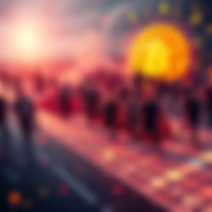 A crowd of people rushing away from a digital wallet symbol, representing Bitcoin users migrating after the Coldcard hack.
