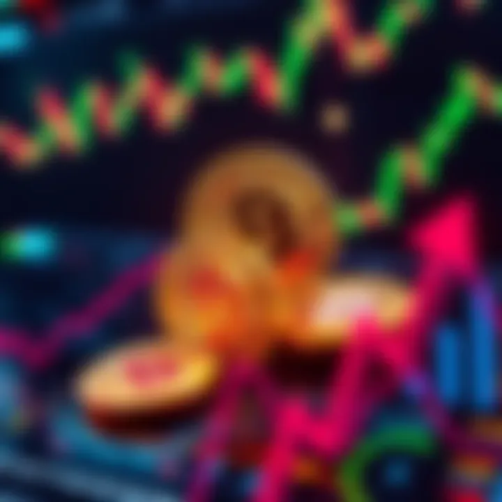 A graphic showing Bitcoin symbols with price charts and arrows indicating value fluctuations, representing market manipulation strategies.