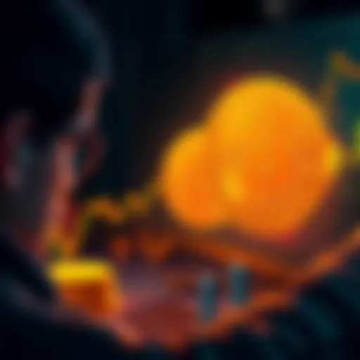 A visual representation of Bitcoin coins losing value, with a downward trend line and a worried person looking at a graph on a computer screen.