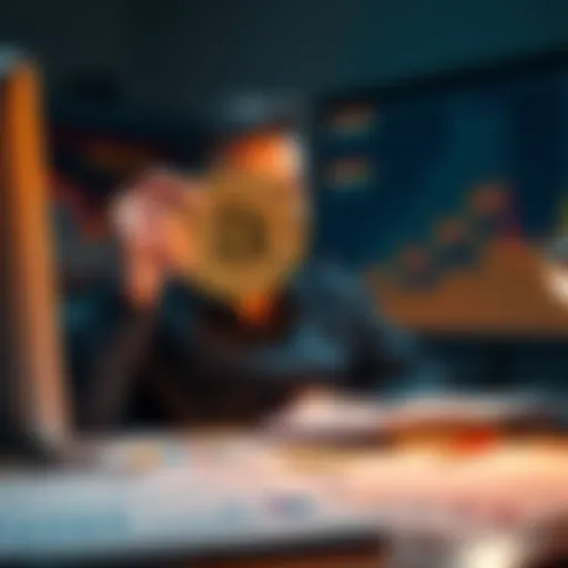 A person holding a Bitcoin symbol, looking puzzled while sitting at a desk filled with financial charts and graphs.