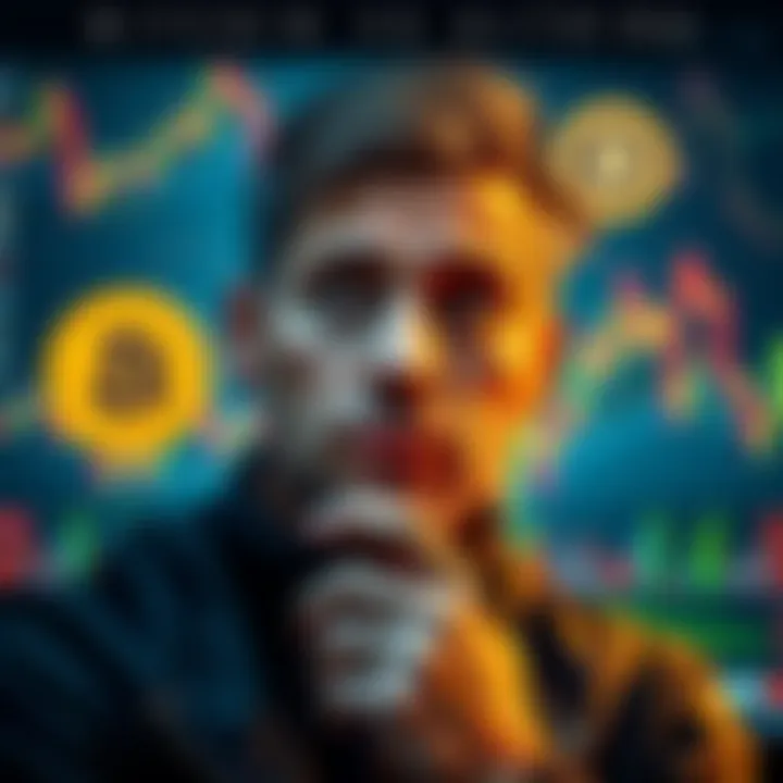 A person contemplating investment options between Bitcoin and various altcoins, showing a thoughtful expression with charts in the background.