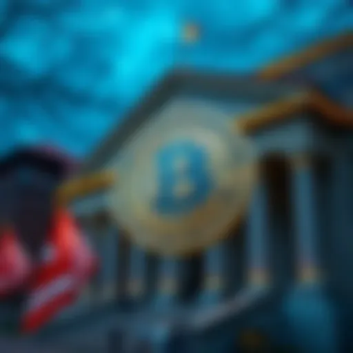 Bitcoin symbol displayed in front of a traditional bank building, representing the clash between cryptocurrencies and traditional finance