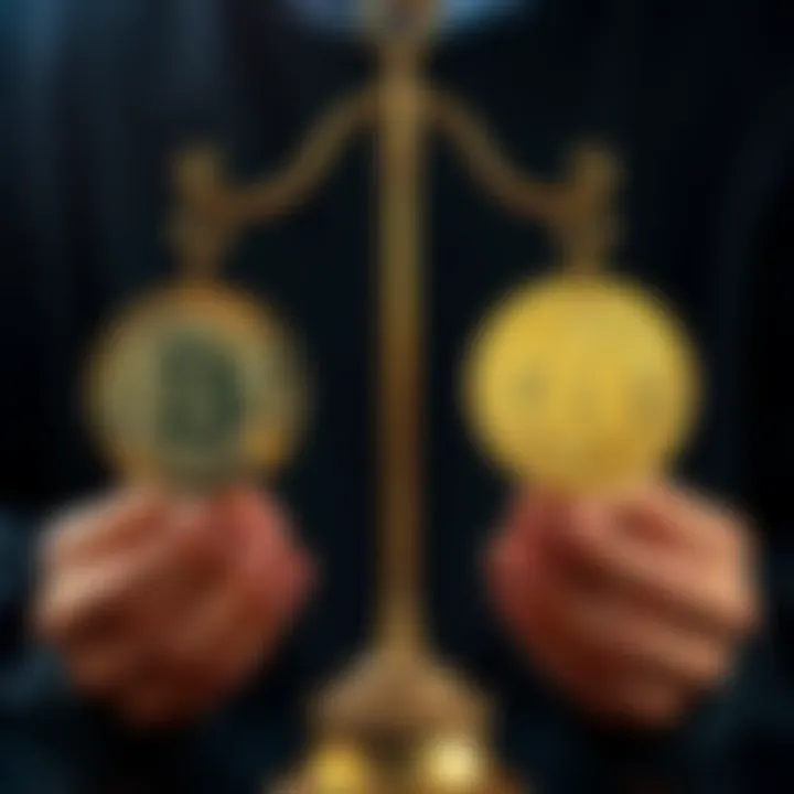 A person weighing options between a full investment in Bitcoin and a varied cryptocurrency portfolio, with Bitcoin symbol on one side and multiple coins on the other.