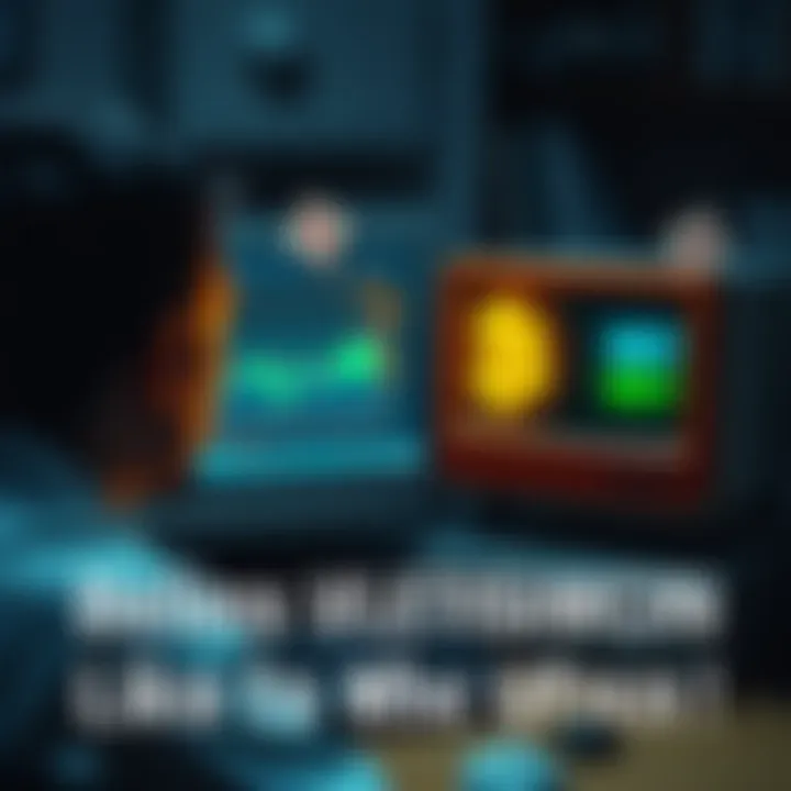 A person looking at a computer screen displaying Bitcoin prices alongside an old computer with internet dial-up signs, symbolizing skepticism towards new technology.