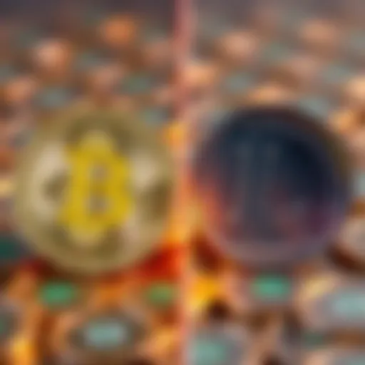 A side-by-side comparison of Bitcoin and Litecoin symbols with money icons, showcasing Bitcoin's complexity and Litecoin's straightforwardness in transactions.