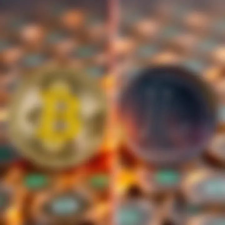 A side-by-side comparison of Bitcoin and Litecoin symbols with money icons, showcasing Bitcoin's complexity and Litecoin's straightforwardness in transactions.