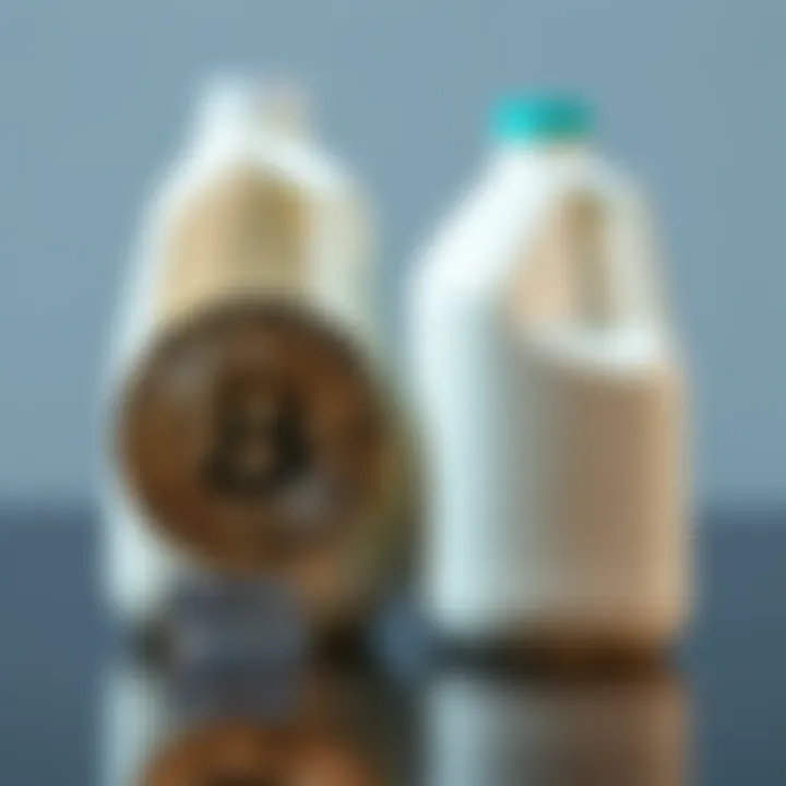 Price of Bitcoin compared to milk A visual comparison showing a Bitcoin symbol next to a gallon of milk, representing the relationship between cryptocurrency value and everyday expenses.