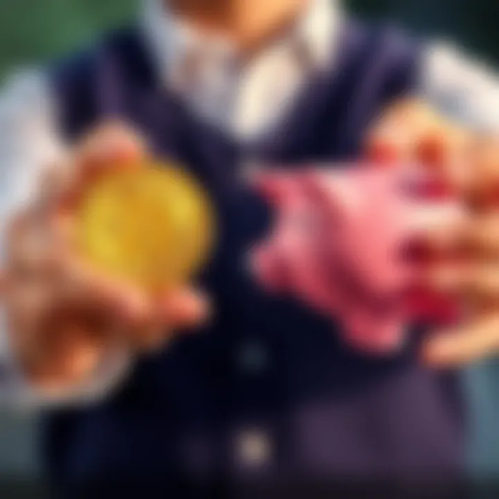 A person holding a Bitcoin in one hand and a piggy bank in the other, symbolizing the choice between cryptocurrency and savings accounts.