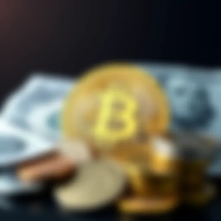 A visual comparison of the Bitcoin symbol next to bills and coins representing traditional currency.