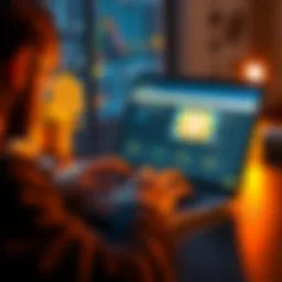 A person using a laptop to create a Bitcoin wallet on a website, with cryptocurrency symbols in the background.