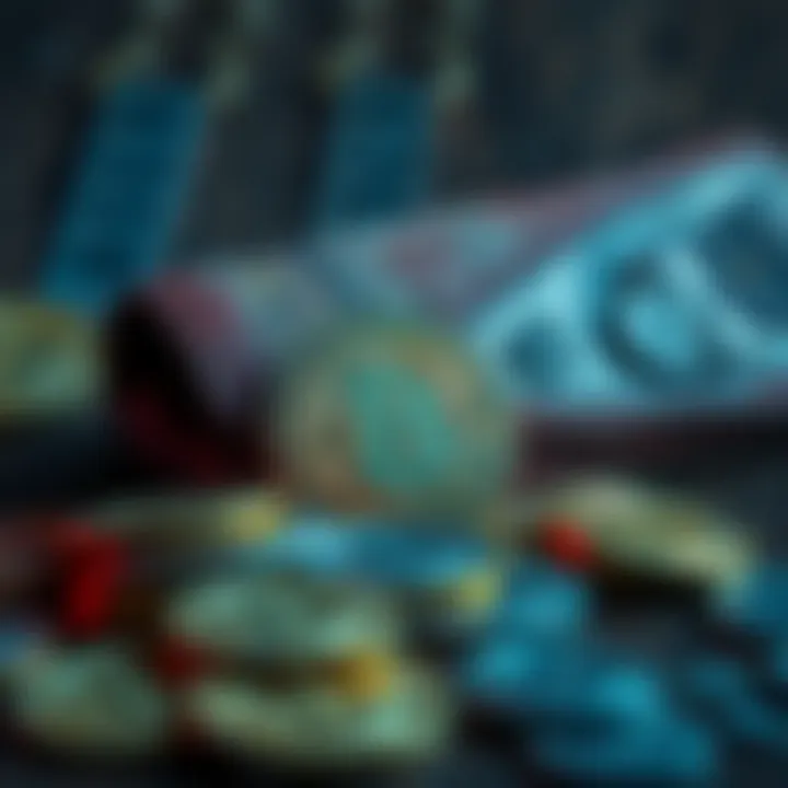 A collection of Bitcoin coins in front of an old, dusty wallet symbolizing lost access and dwindling supply