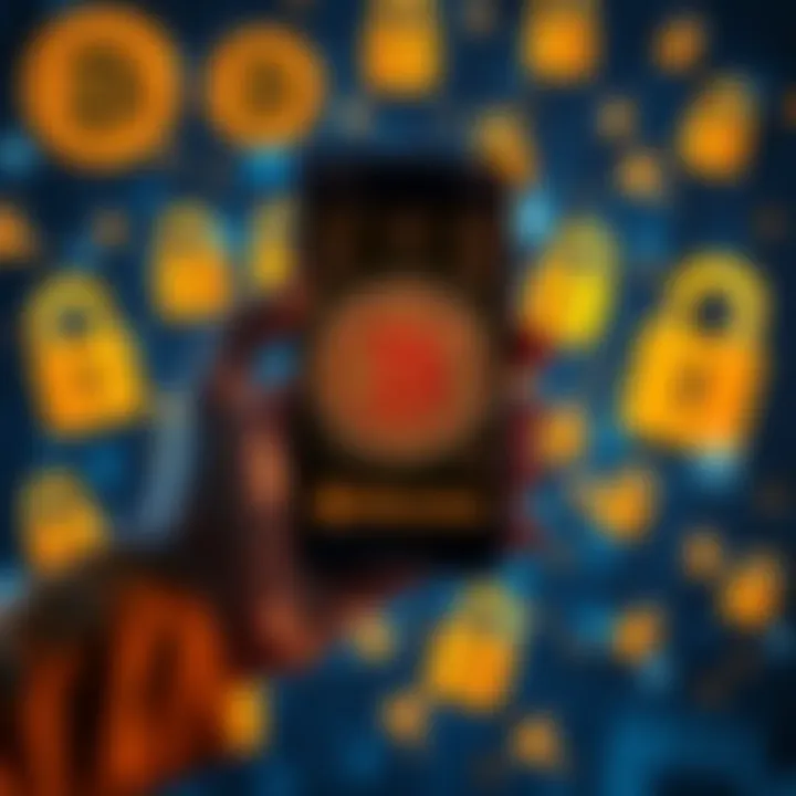 A person holding a smartphone displaying a Bitcoin wallet interface, surrounded by visual representations of private keys and locks, symbolizing security and self-custody in cryptocurrency.