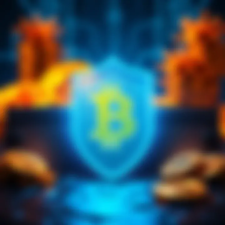 A visual representation of Bitcoin wallets with a digital shield symbolizing protection against quantum threats, depicting old coins at risk of exposure.