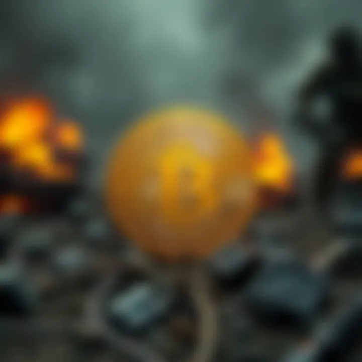 A Bitcoin symbol in front of a war-torn landscape, illustrating its role as a currency during the Iran War.