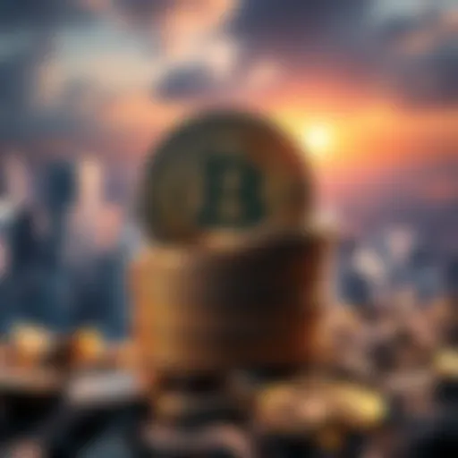 A graphic of Bitcoin coins stacked with a background showing a divided city, representing wealth disparity.