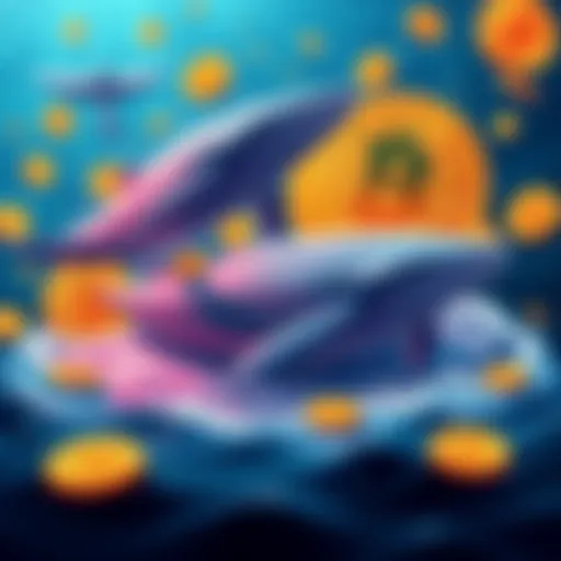 Illustration of Bitcoin whales making large purchases of Bitcoin, symbolizing a surge in market activity, with Bitcoin coins in the background.