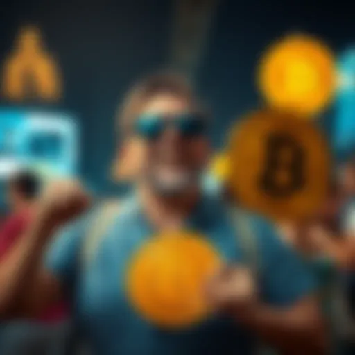 A happy Bitcoiner holding a Bitcoin sign while wearing sunglasses, symbolizing pride after being banned from a forum for discussing economics.