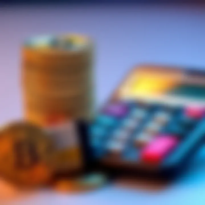 A stack of Bitcoins next to a calculator, symbolizing financial planning