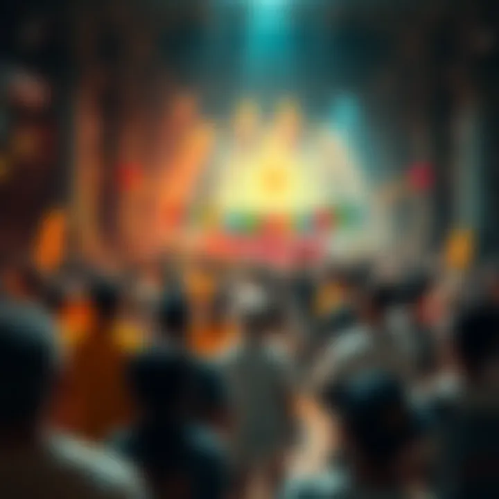 A vibrant gathering of people excited for the Bitcoinsaurus Upril event, with colorful banners and lively discussions.