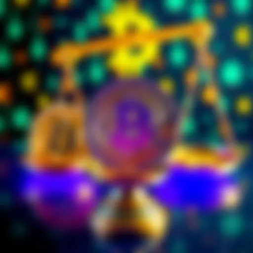 Illustration of Bitfinex tokens representing stolen bitcoin, with a background of digital currency symbols and a scale symbolizing accountability.