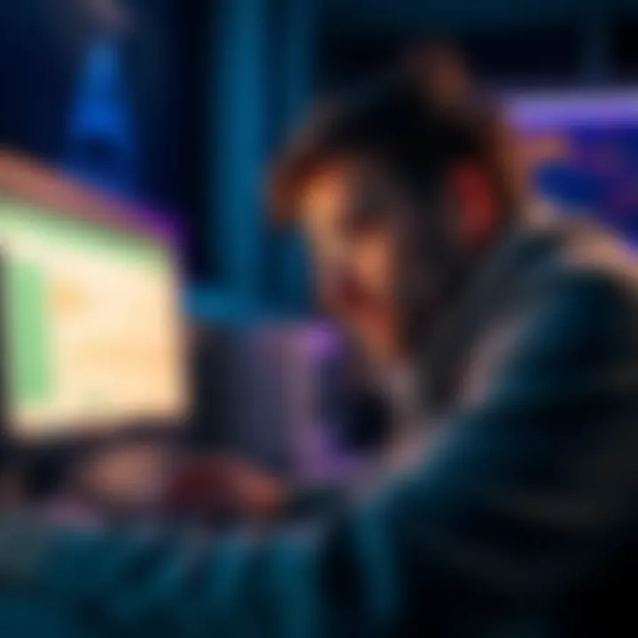 A worried individual looking at a computer screen showing a frozen account with a large amount of money, representing a Bitfinex asset freeze.