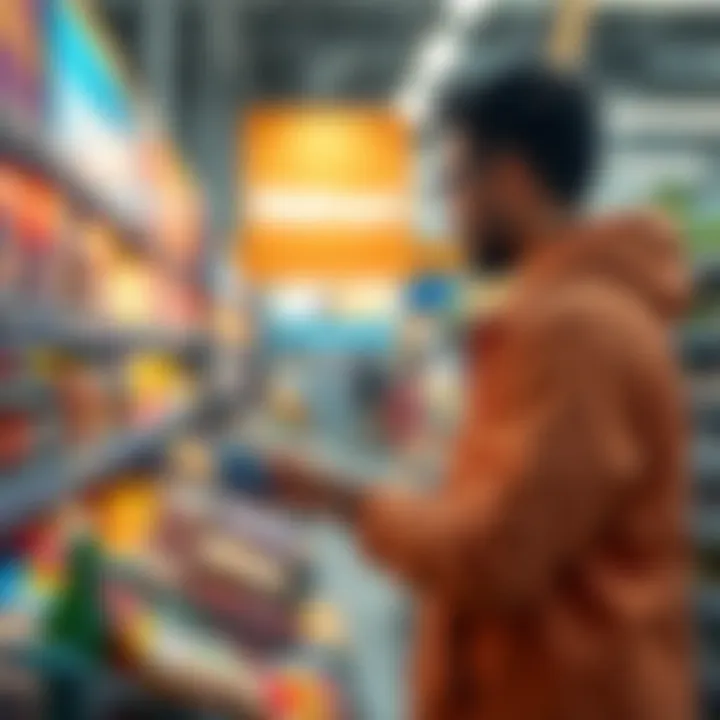 A person using a BitMart Card to pay at a Walmart checkout lane surrounded by common grocery items.