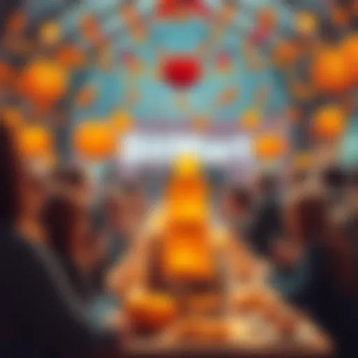 A festive scene with people enjoying contests and sharing stories during BitMart's Thanksgiving event, decorated with autumn leaves and crypto symbols.