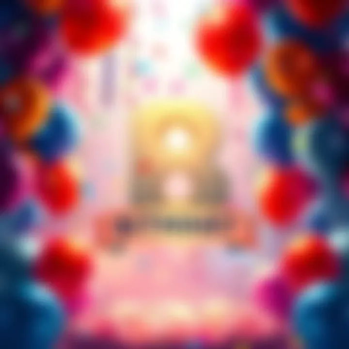 A colorful celebration scene with balloons and confetti, showcasing BitMart's 8th anniversary with a banner.