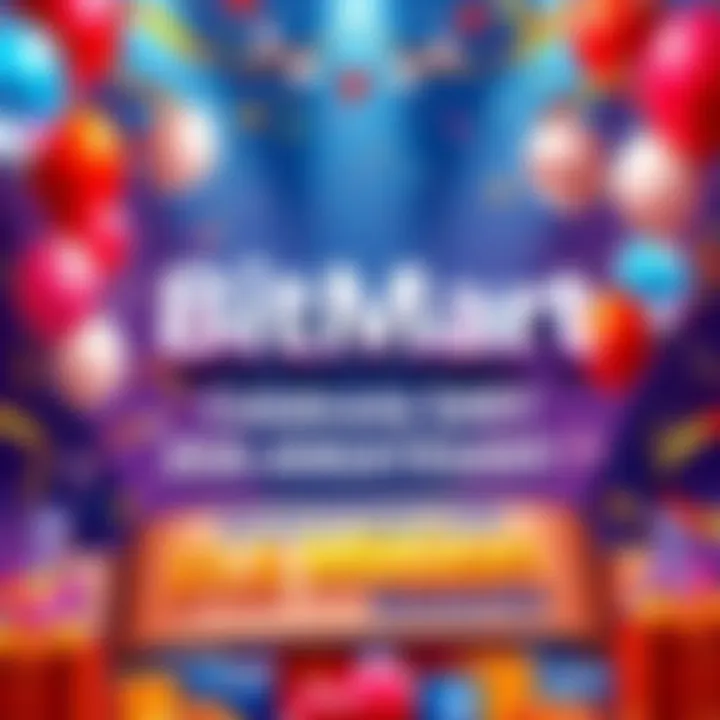 A vibrant graphic showcasing BitMart's 8th anniversary with festive elements like balloons, confetti, and a large reward banner, promoting the event and prizes.