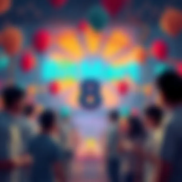 A festive scene showing people celebrating BitMart's 8th anniversary with balloons and decorations