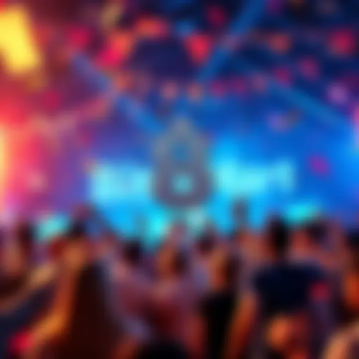 BitMart 8th Anniversary Celebration People celebrating BitMart's 8th anniversary with banners and confetti, showing a lively atmosphere and community spirit.