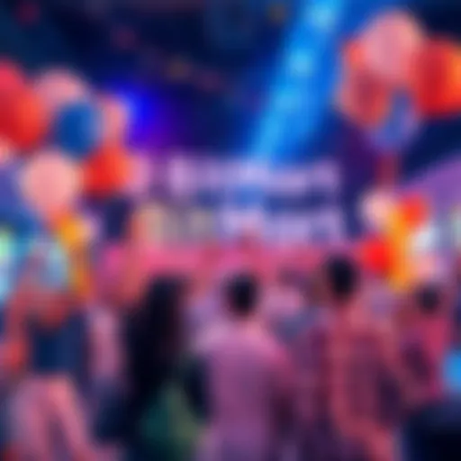 People celebrating BitMart's 8th anniversary with balloons and banners in a festive environment.