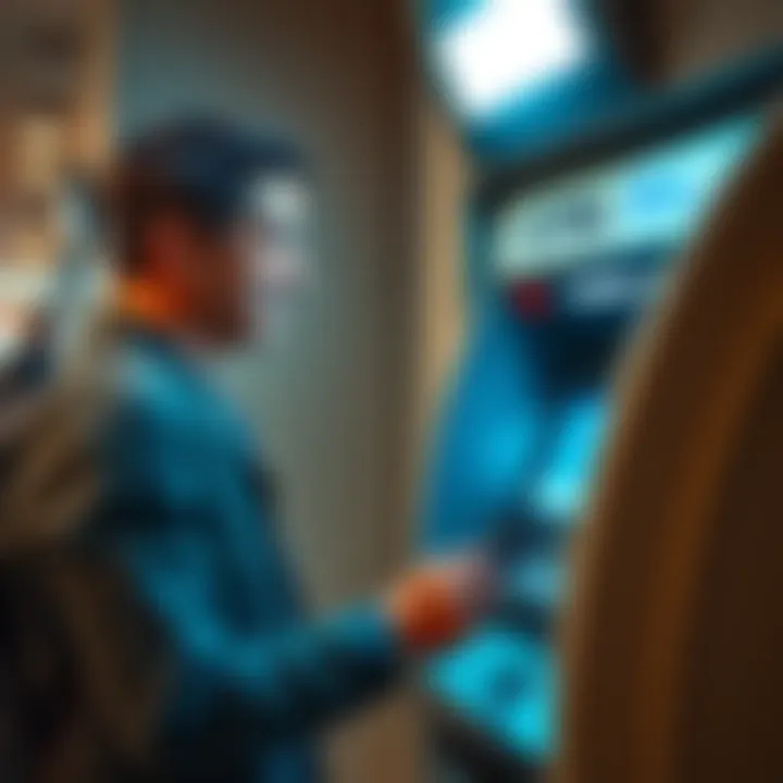 A traveler withdrawing cash from an ATM in Lisbon using a BitMart Card, looking relieved about no fees
