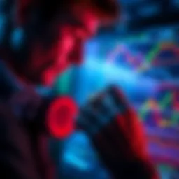 A person wearing the BitMart Emotion Trading Ring, engaged in trading on a digital interface, showing emotions of focus and determination.