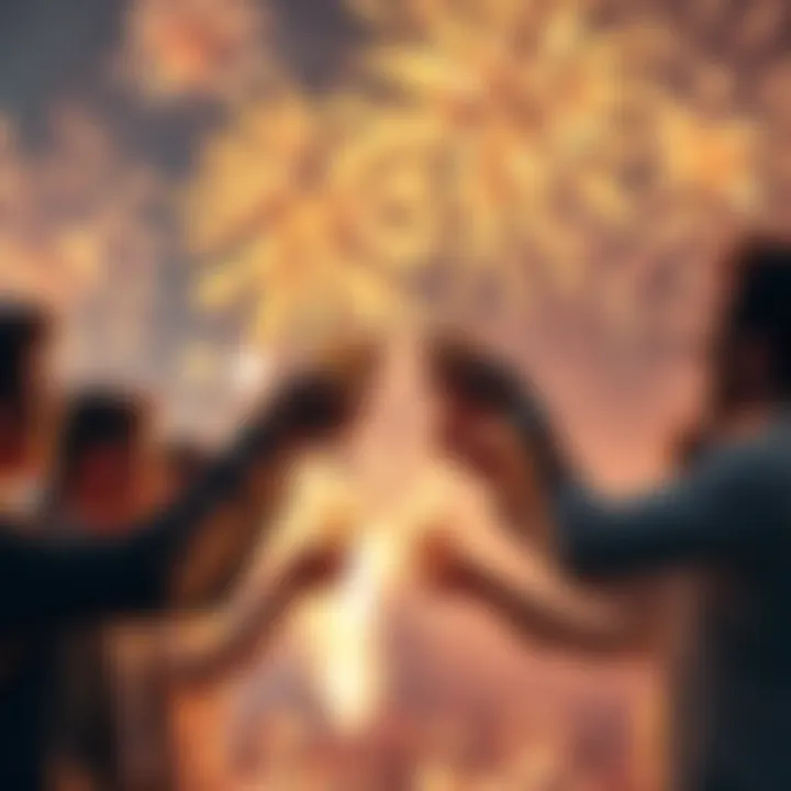 A joyful celebration with people raising glasses in toast, fireworks in the background, symbolizing New Year festivities for BitMart community.