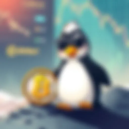 BitMart Announces Nietzschean Penguin Listing A digital illustration of a cartoon penguin wearing sunglasses, standing next to a cryptocurrency symbol, with a backdrop of financial charts and BitMart logo, indicating a new listing.