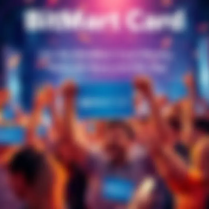 People celebrating and holding referral cards with excitement, showcasing the BitMart Card logo.