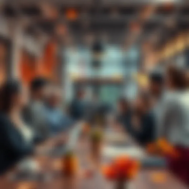 A diverse group of professionals collaborating in a warm, inviting office environment with autumn decorations.