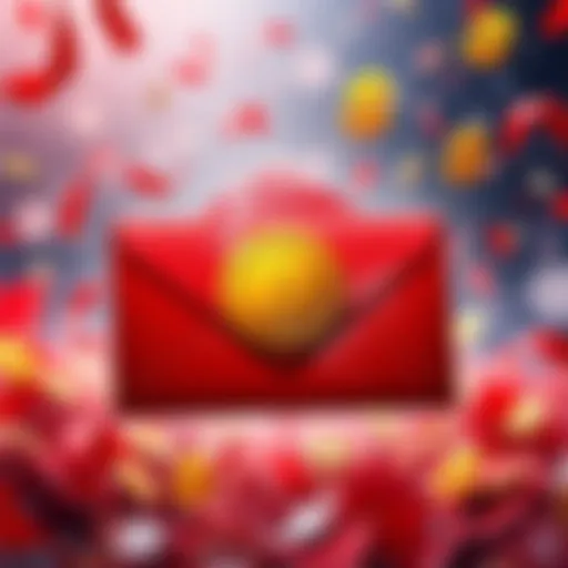 A festive red envelope with a golden seal representing BitMart's Thanksgiving rewards, surrounded by confetti and dollar signs, symbolizing excitement and celebration.