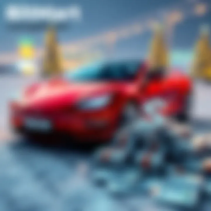 BitMart Trading Competition Rewards A Tesla Roadster and a pile of cash representing $400,000 USDT, symbolizing the rewards in BitMart's holiday trading competition.