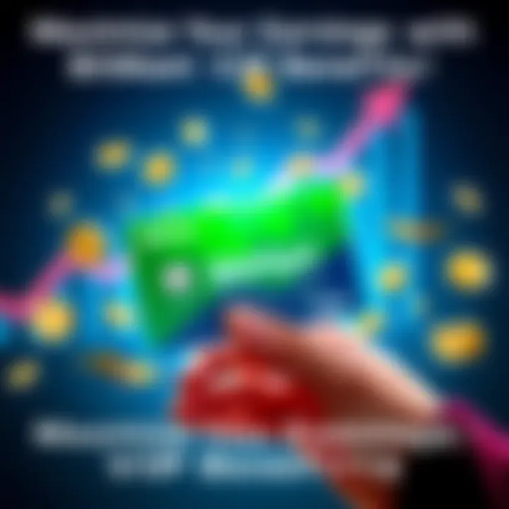 A person holding a BitMart card, surrounded by virtual currency symbols, with a graph indicating earnings growth