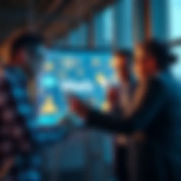 A group of people collaborating and communicating around a digital screen that displays Web3 marketing concepts.