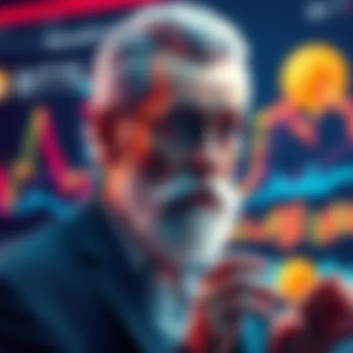 A person named Bitmund Freud speaking about cryptocurrency with charts and digital coins in the background